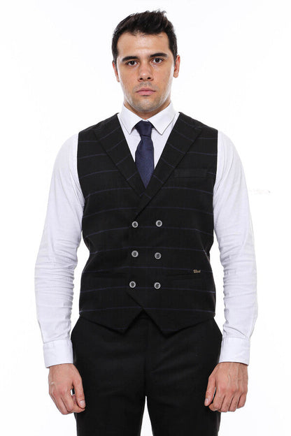 Plaid Double Breasted Collared Black Men Vest