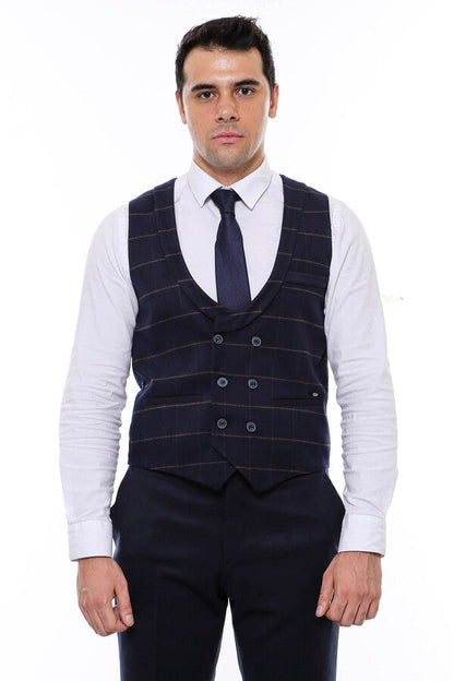 Plaid Double Breasted Collared Navy Blue Men Vest