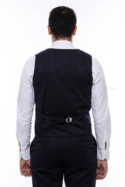 Plaid Double Breasted Collared Navy Blue Men Vest