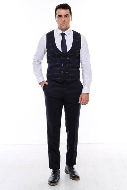 Plaid Double Breasted Collared Navy Blue Men Vest