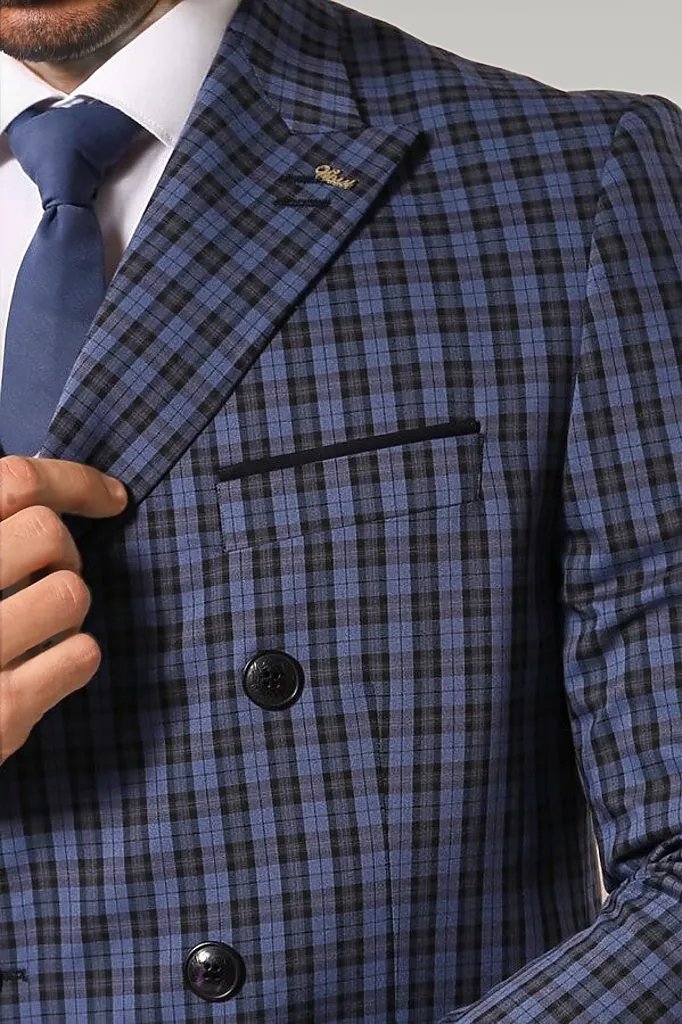 KOALA SYDNEY  Plaid Navy Blue Men's Double Breasted Suit |