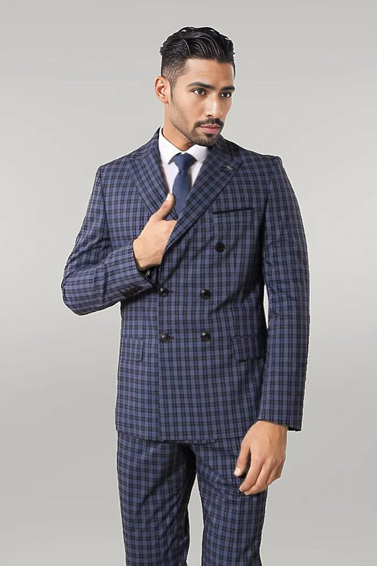 KOALA SYDNEY  Plaid Navy Blue Men's Double Breasted Suit |