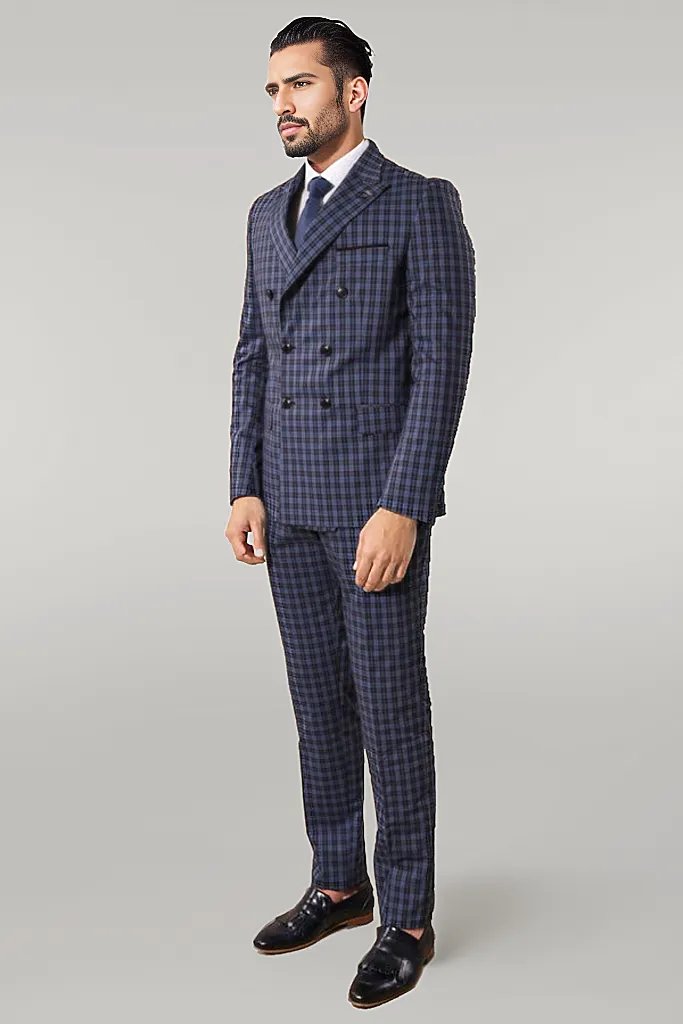 KOALA SYDNEY  Plaid Navy Blue Men's Double Breasted Suit |