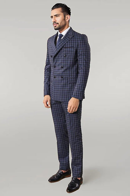 KOALA SYDNEY  Plaid Navy Blue Men's Double Breasted Suit |
