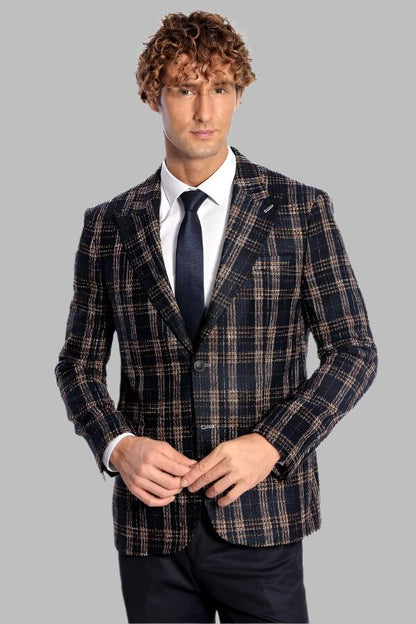 KOALA SYDNEY  Navy Blue Plaid Jacket, Beige Vest, White Shirt, and Navy Blue Trousers Combo - Modern Classic Look