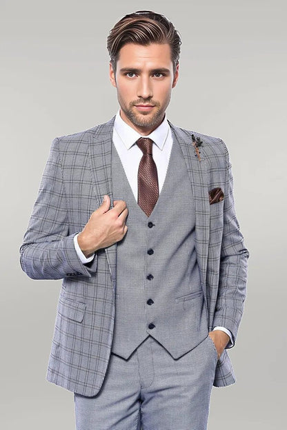 Plain Blue Vested Men's Suit |