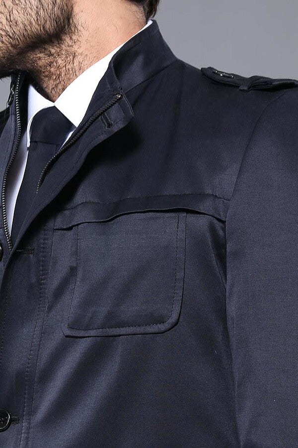 Plain Navy Blue Men Short Coat