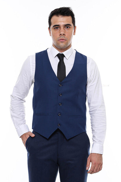 Plain Slim Fit Navy Blue Men Vest