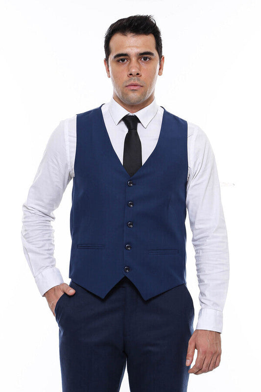 Plain Slim Fit Navy Blue Men Vest