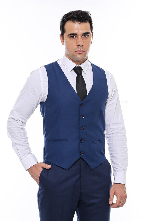 Plain Slim Fit Navy Blue Men Vest