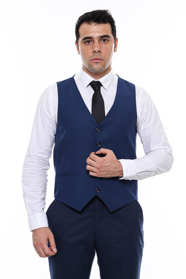 Plain Slim Fit Navy Blue Men Vest