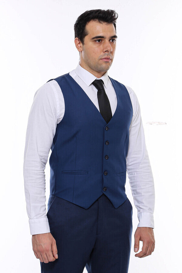 Plain Slim Fit Navy Blue Men Vest