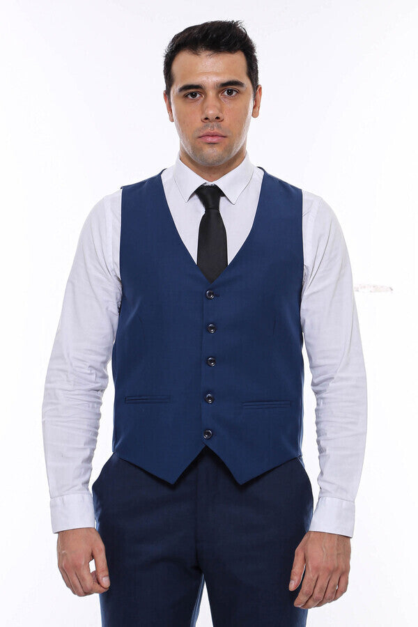 Plain Slim Fit Navy Blue Men Vest