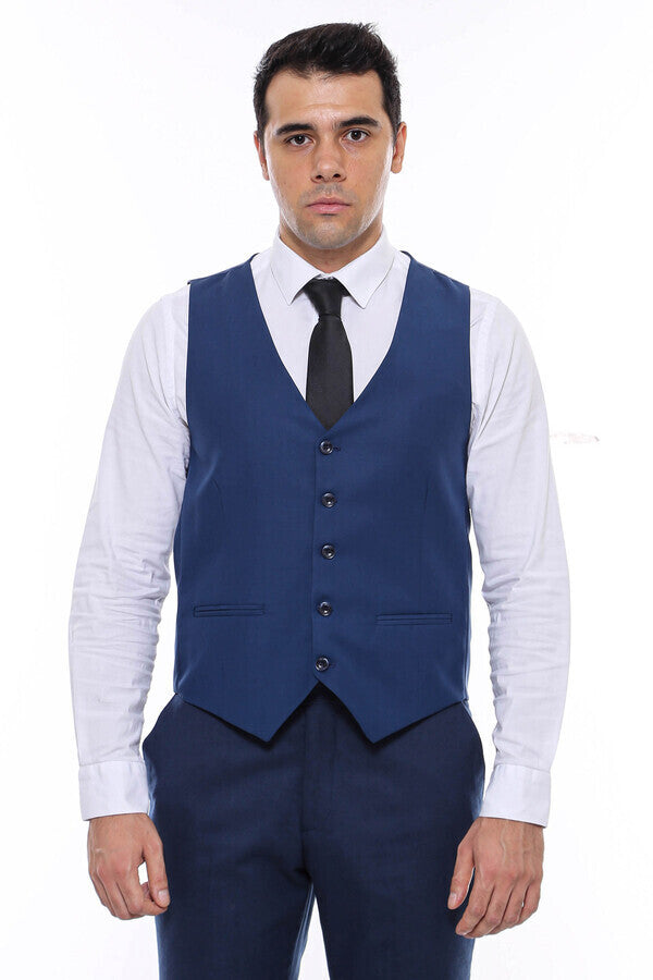Plain Slim Fit Navy Blue Men Vest