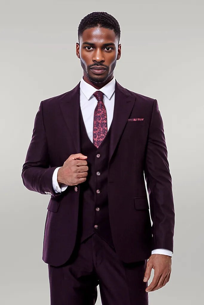 Plain Wide Lapel Burgundy Men Suit -
