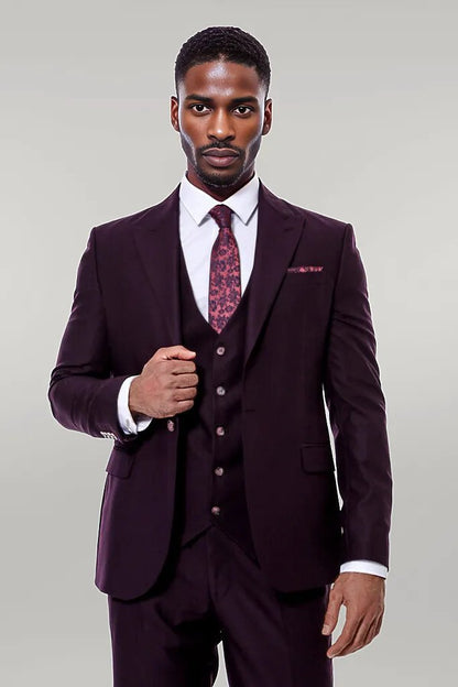 Plain Wide Lapel Burgundy Men Suit -