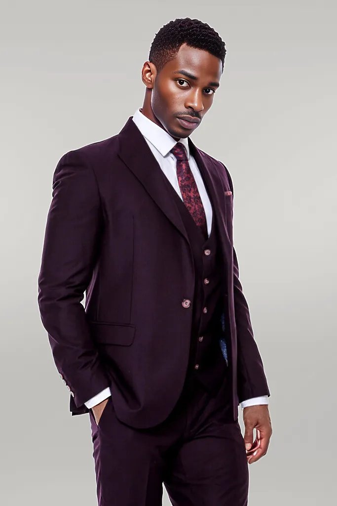 Plain Wide Lapel Burgundy Men Suit -