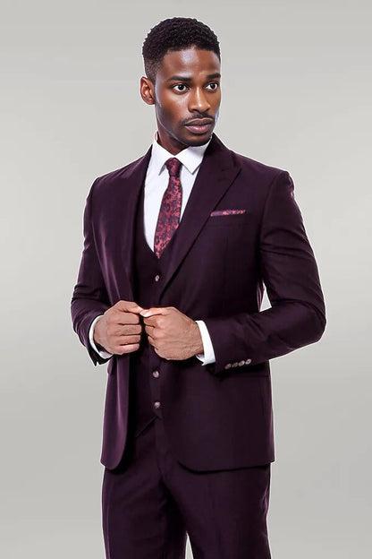Plain Wide Lapel Burgundy Men Suit -