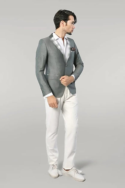 Pocket and Collar Plaid Mens Linnen Blazer