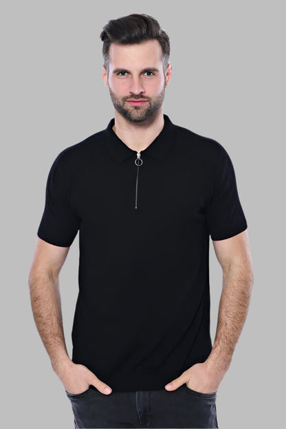 Polo Neck Plain Black Knitted T-Shirt - Wessi