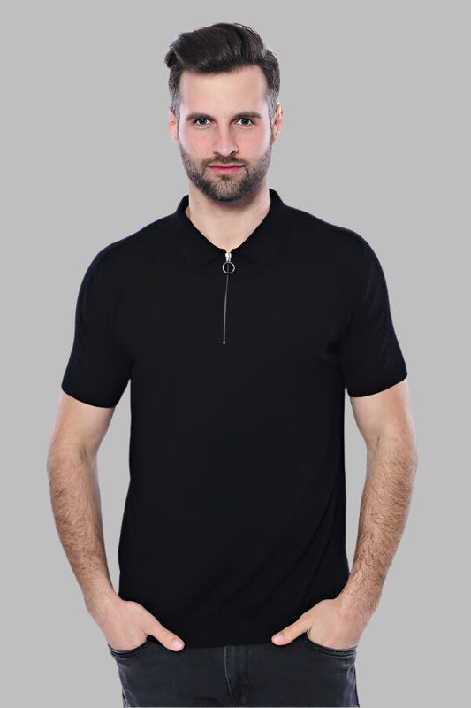 Polo Neck Plain Black Knitted T-Shirt - Wessi