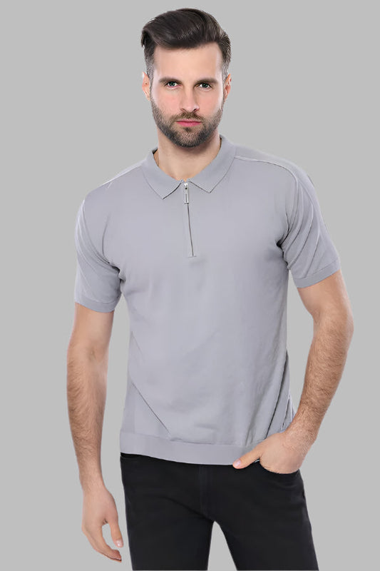 Polo Neck Plain Grey Knitted T-Shirt - Wessi