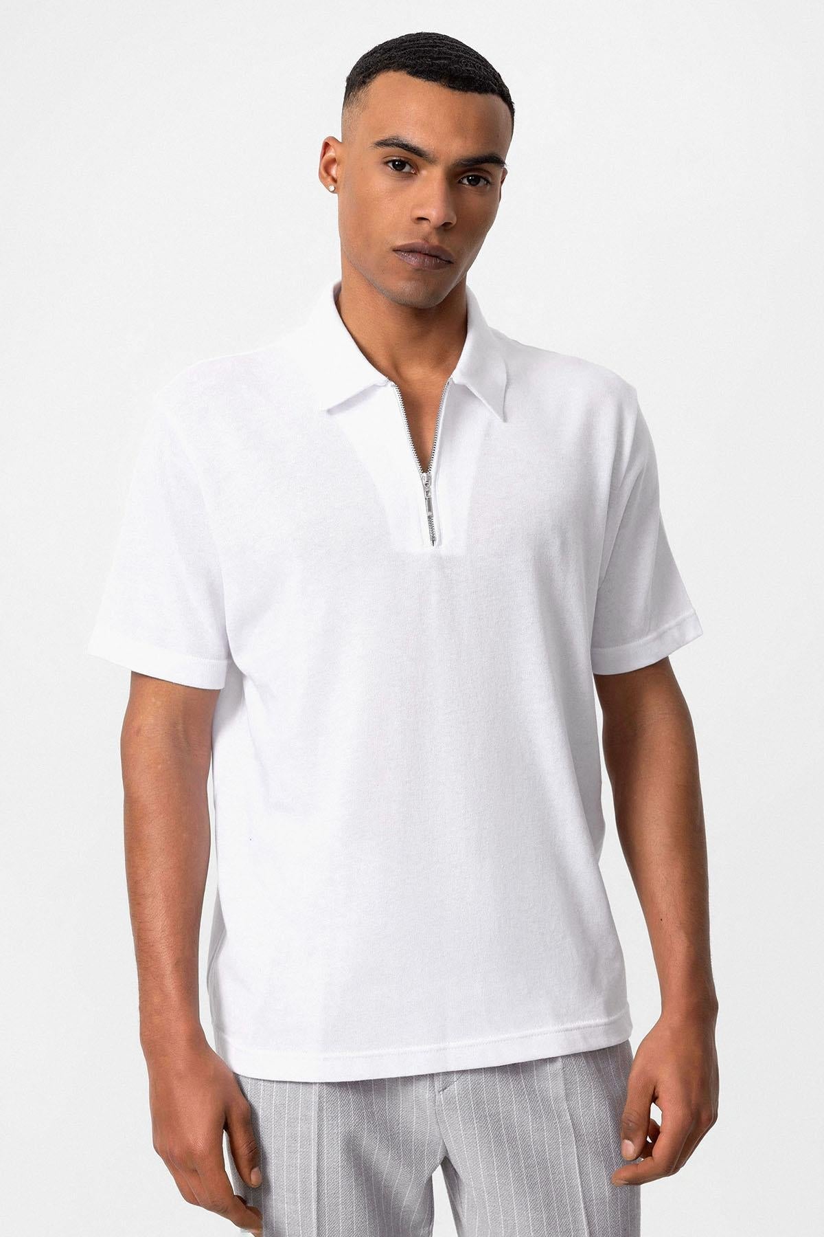 KOALA SYDNEY Men's White Polo Neck Zippered T-Shirt