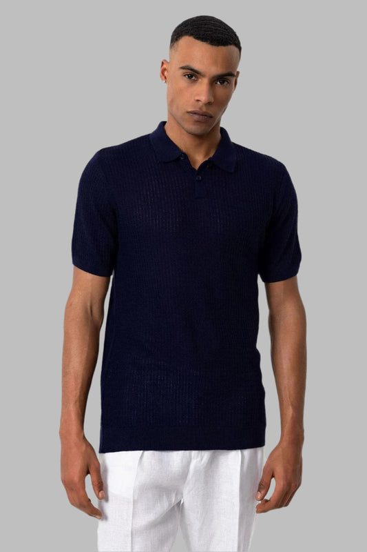 Men's Navy Blue Polo Collar Knit T-Shirt - Wessi