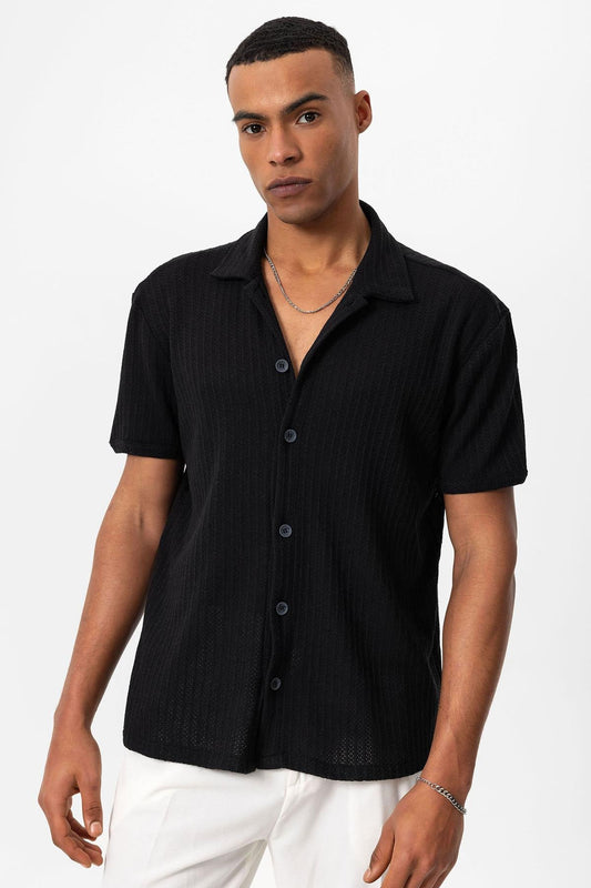 Men's Black Polo Collar Knit Short-Sleeve Shirt -