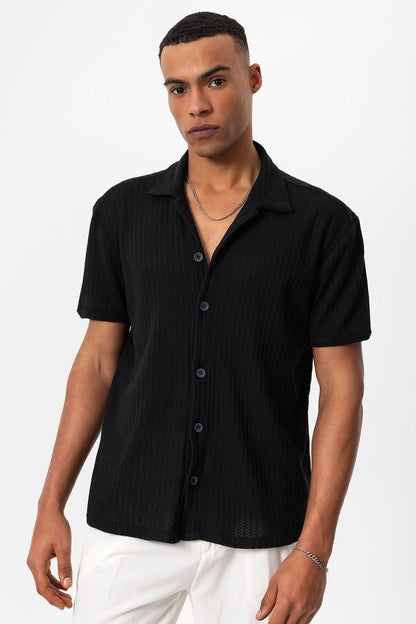 Men's Black Polo Collar Knit Short-Sleeve Shirt