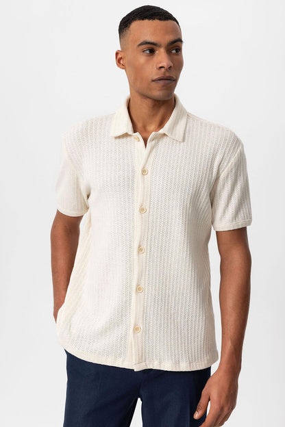 KOALA SYDNEY  Men's Ecru Polo Collar Knit Short-Sleeve Shirt -