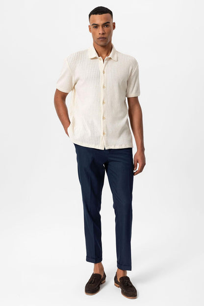 Men's Ecru Polo Collar Knit Short-Sleeve Shirt
