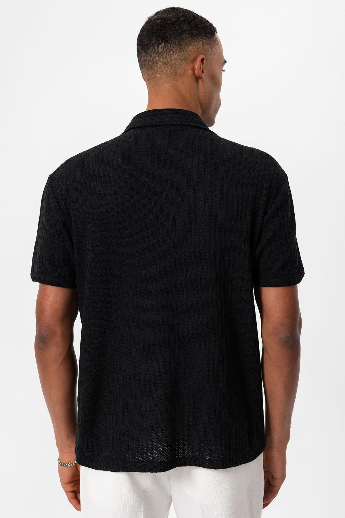 Men's Black Polo Collar Knit Short-Sleeve Shirt