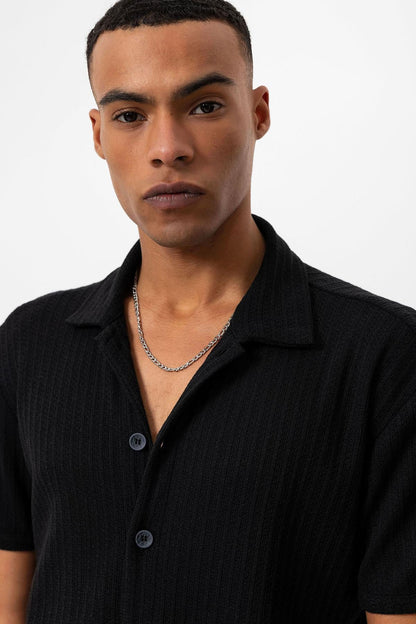 Men's Black Polo Collar Knit Short-Sleeve Shirt