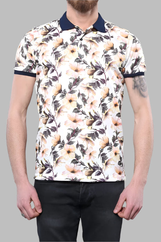 Polo Neck Floral Pattern Orange T-Shirt - Wessi