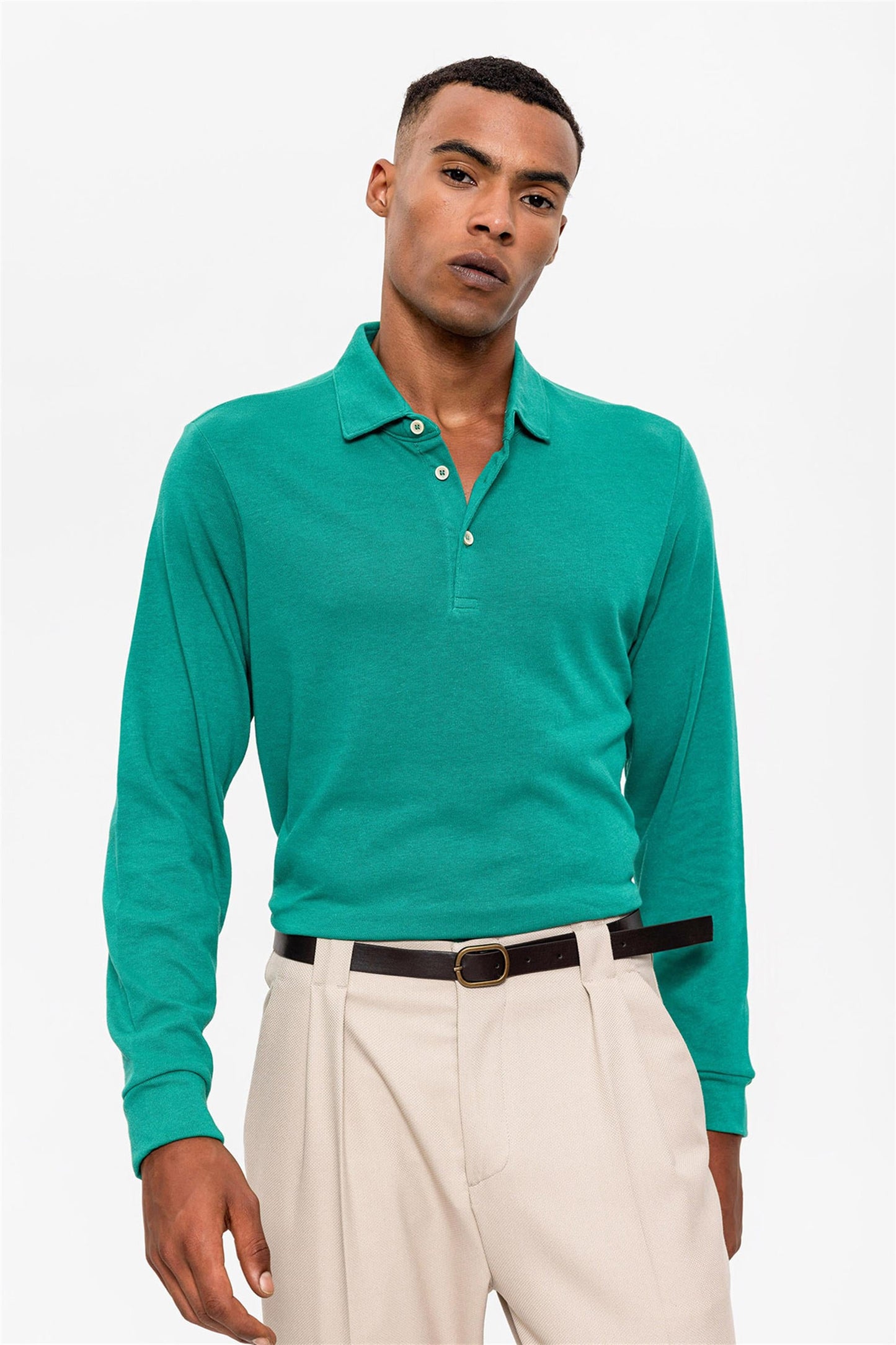Men's Green Polo Neck Long Sleeve Sweater