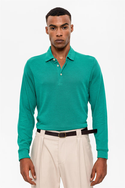 Men's Green Polo Neck Long Sleeve Sweater