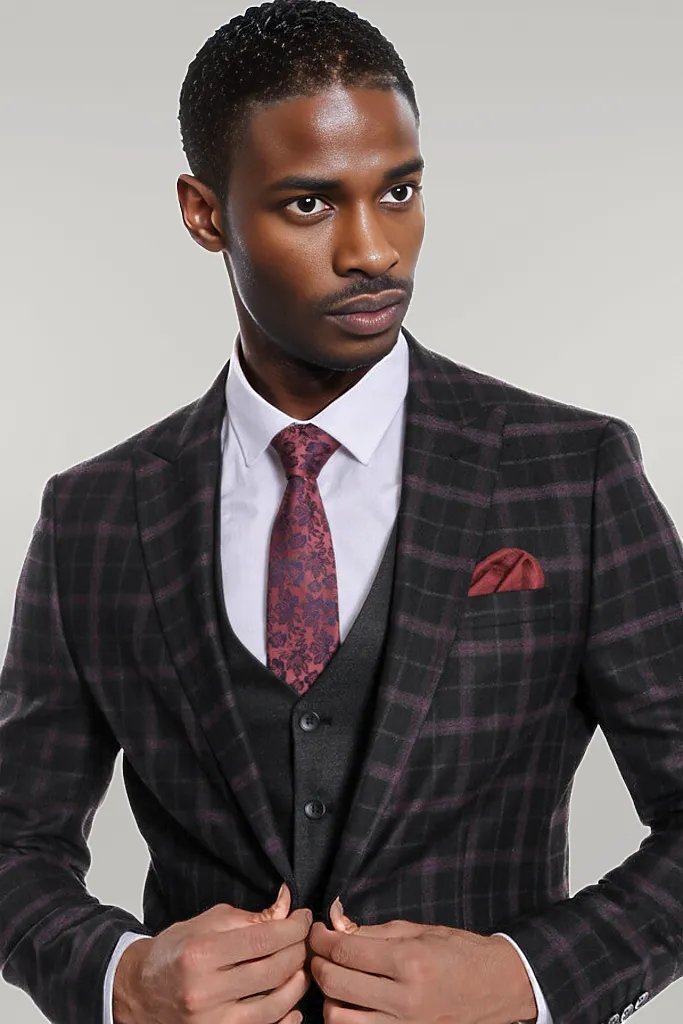 Purple Vested Slim Fit Checked Black Men Suit