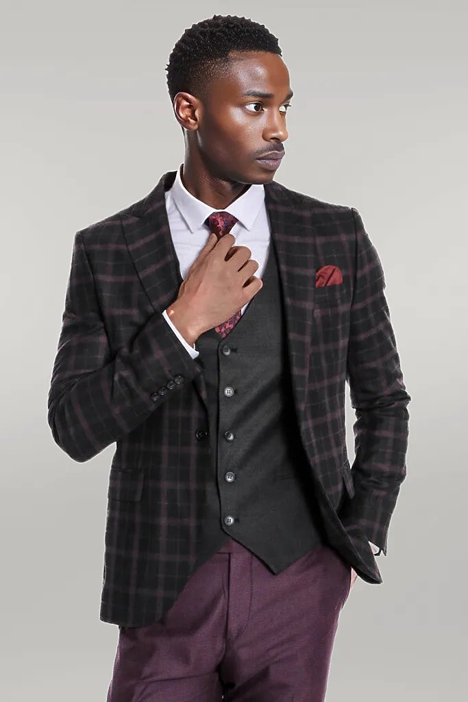 Purple Vested Slim Fit Checked Black Men Suit