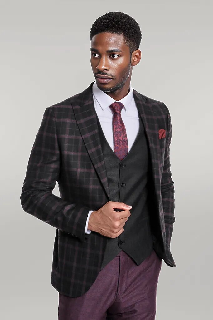 Purple Vested Slim Fit Checked Black Men Suit