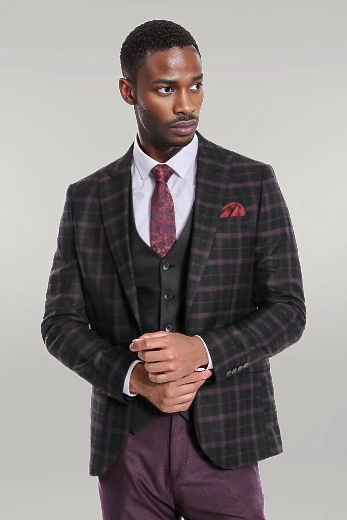 Purple Vested Slim Fit Checked Black Men Suit