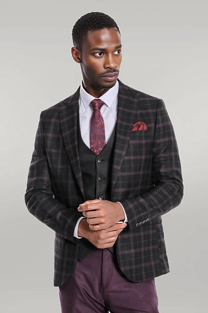Purple Vested Slim Fit Checked Black Men Suit