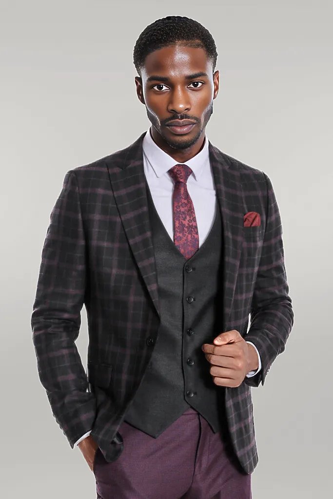 Purple Vested Slim Fit Checked Black Men Suit