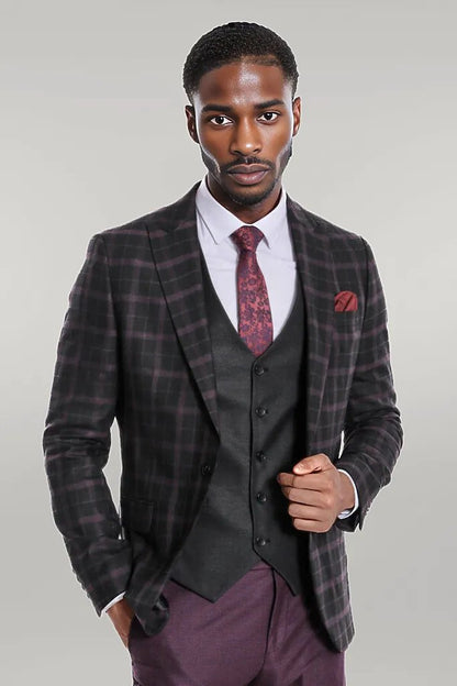 Purple Vested Slim Fit Checked Black Men Suit