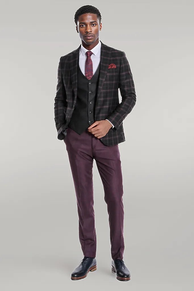Purple Vested Slim Fit Checked Black Men Suit