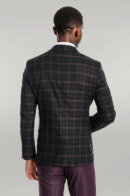 Purple Vested Slim Fit Checked Black Men Suit