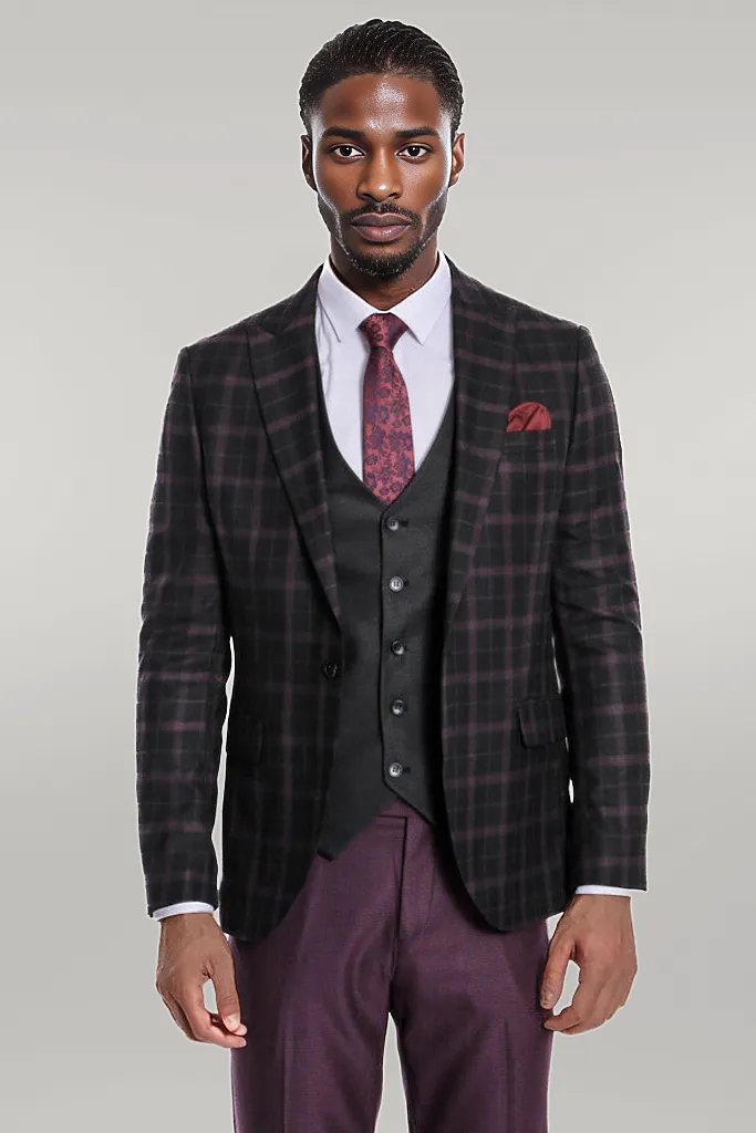 Purple Vested Slim Fit Checked Black Men Suit