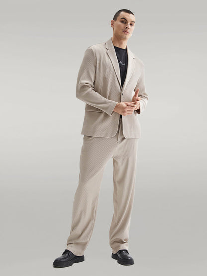 Men's Beige Ribbed Textured Oversize Suit - Wessi