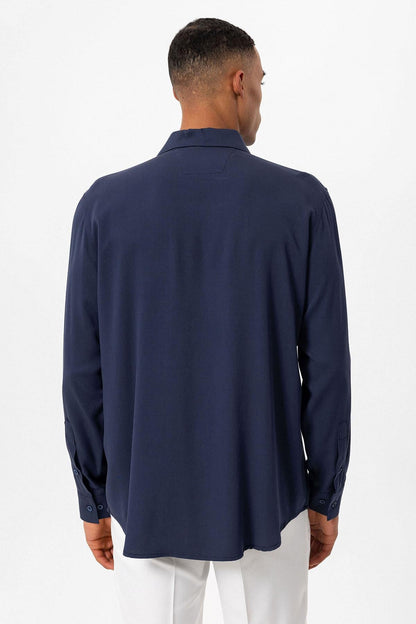 Men's Navy Blue Regular Fit Camp Collar Shirt