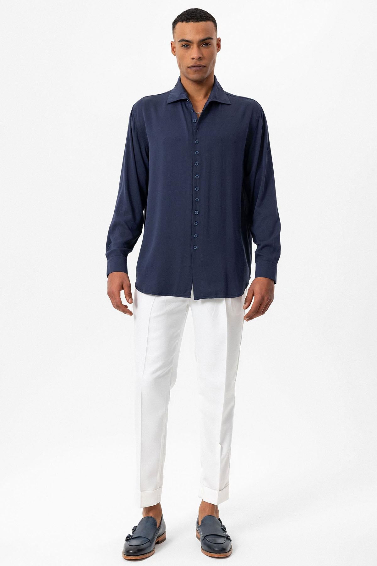 Men's Navy Blue Regular Fit Camp Collar Shirt -